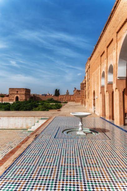 Exteriors and fountain of El Badi Palace, a ruined palace located in Marrakesh (Morocco)