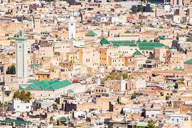 Fes, Morocco, Africa: aerial view of the Medina of Fez, labyrinth of narrow alleys, mosques, madrasas and markets, one of the best-preserved UNESCO World Heritage Sites in the world